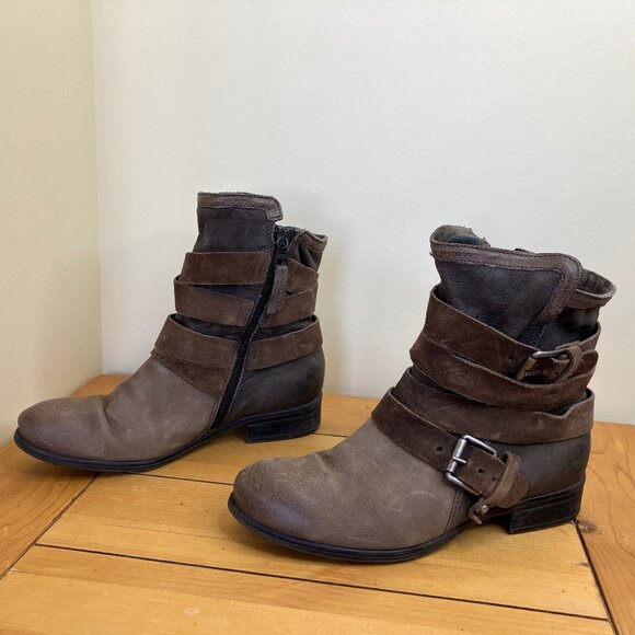 Miz Mooz Savvy Leather Ankle Boots Moto Harness Buckle Strap Brown/Grey - Picture 3 of 7